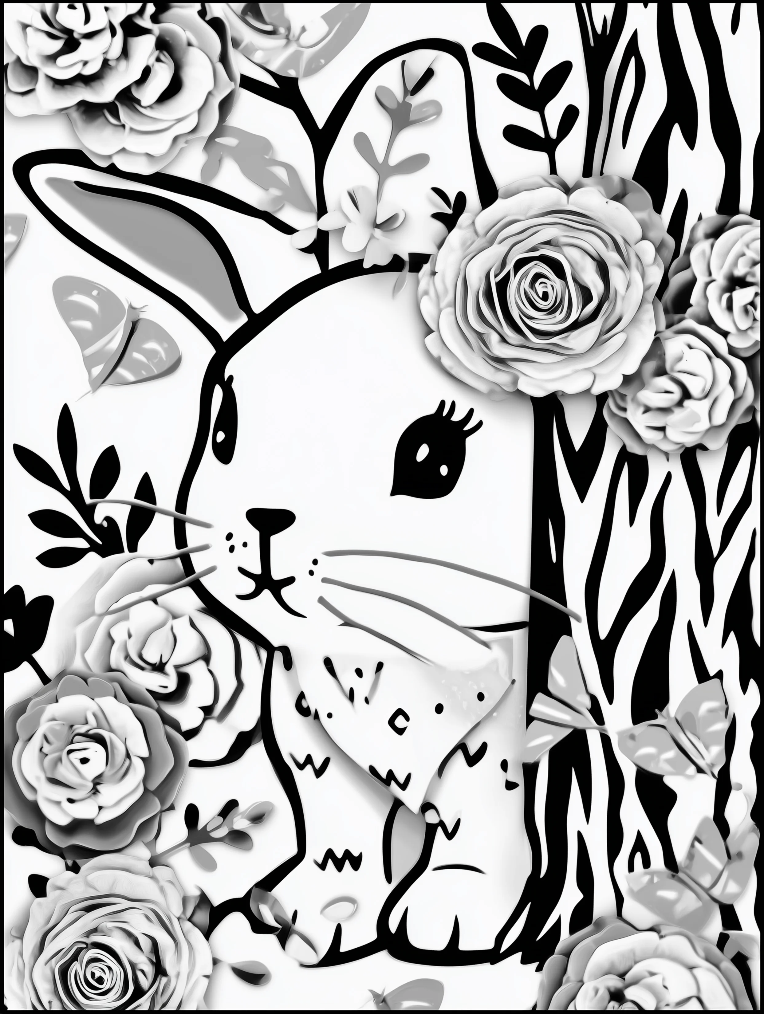 Free printable rabbit coloring page for adults featuring a hiding bunny
